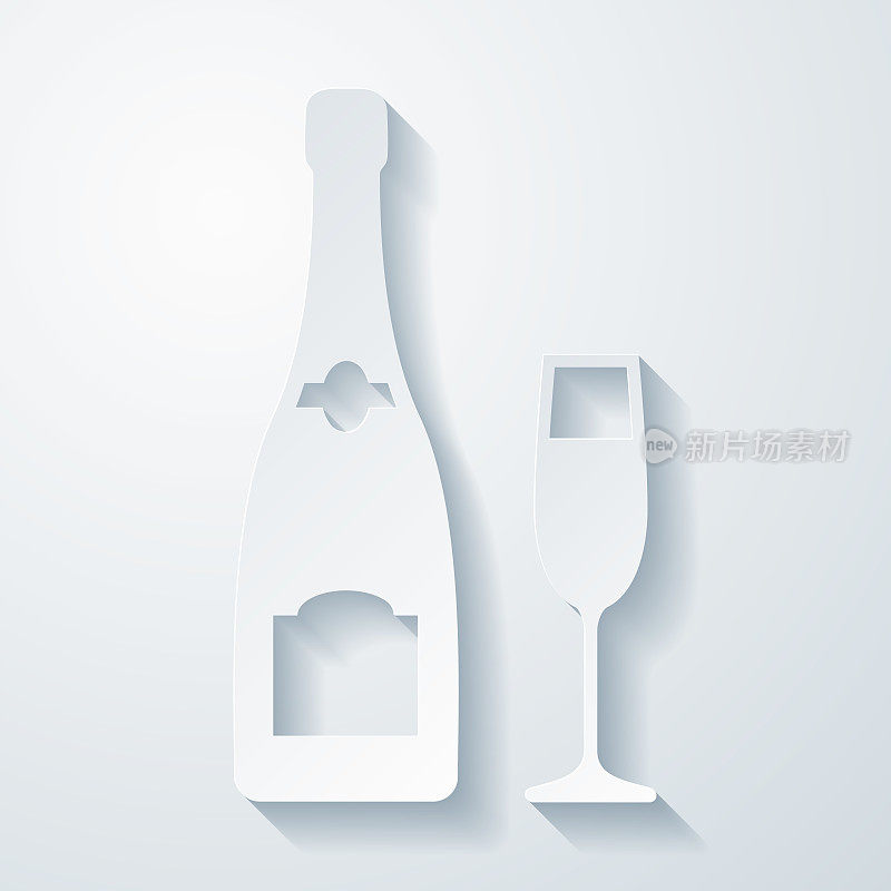 香槟酒瓶和玻璃杯。在空白背景上具有剪纸效果的图标