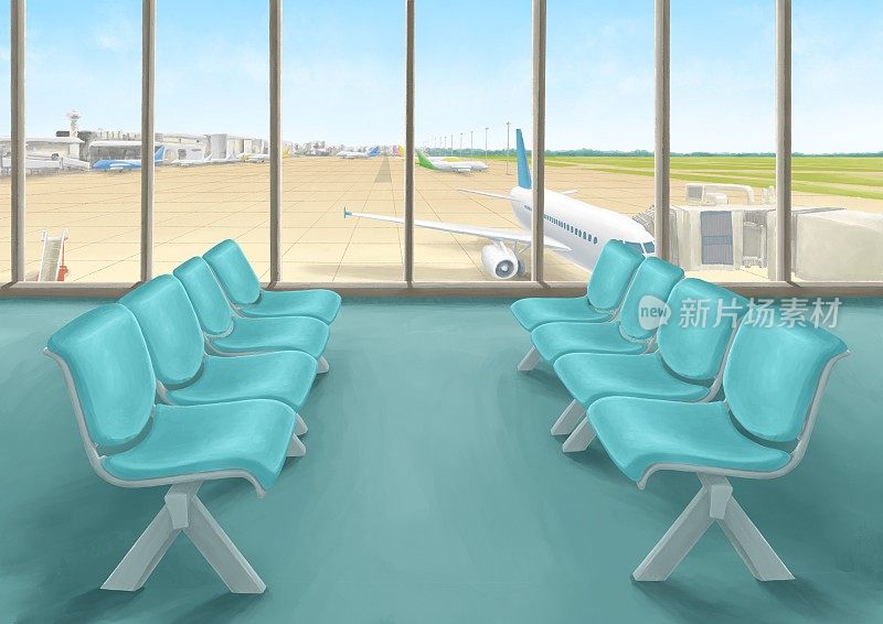 国际机场候机厅，机场景观与飞机和蓝天从窗口建筑