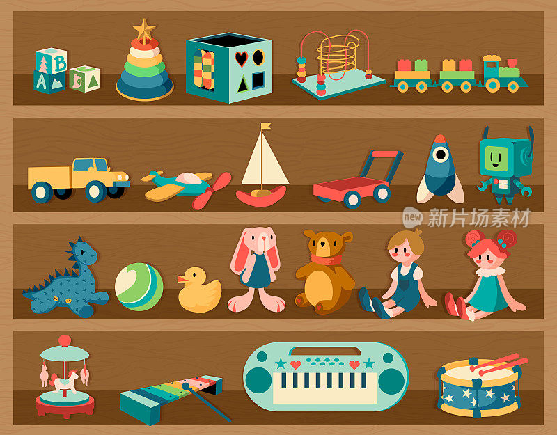 玩具在书架上。卡通木架与玩偶和乐器。毛绒动物或运输。儿童教育拼图。彩色火箭和自动机器人。向量的家具