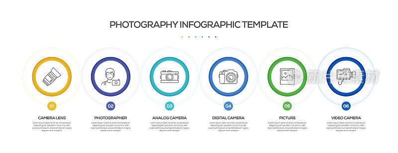 摄影相关工艺信息图表模板。过程时间图。带有线性图标的工作流布局