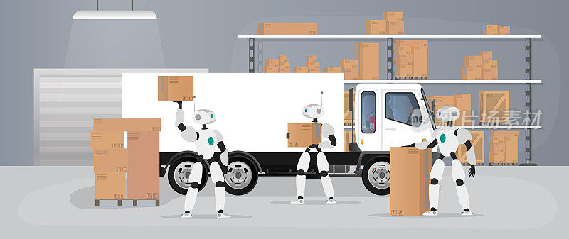 机器人在生产仓库工作。机器人搬运箱子并搬运货物。未来的交货，运输和装载货物的概念。有箱子和托盘的大仓库。向量。