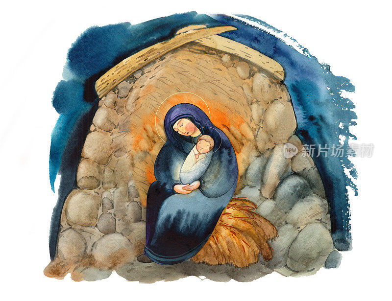基督诞生场景:玛丽和婴儿时期的耶稣基督在马厩的洞穴里。
