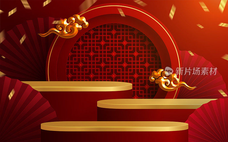 3d讲台圆形、方盒舞台讲台和纸艺术中国新年、中国节日、中秋节、红剪纸、扇子、鲜花和亚洲元素与工艺风格的背景。