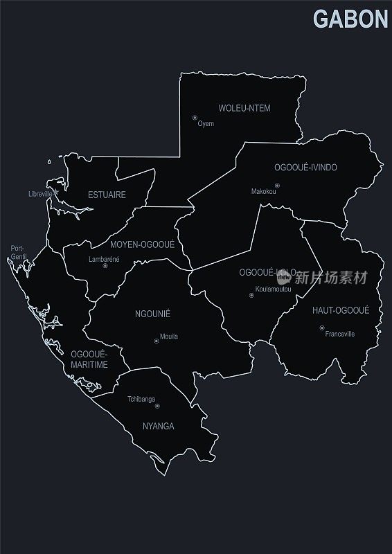 加蓬的平面地图与城市和地区在黑色背景上