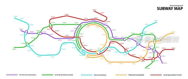 地铁地图。地下过渡道路虚拟城镇公共交通方案模板。地铁或公交以圆形彩色路线抽象交通模式。矢量卡插图设计。