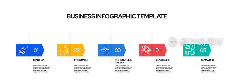 商业概念矢量线信息图形设计与图标。5选项或步骤的介绍，横幅，工作流程布局，流程图等。