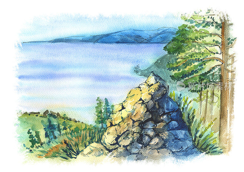 岩石，山上的石头，贝加尔湖的景色，手绘水彩插图。