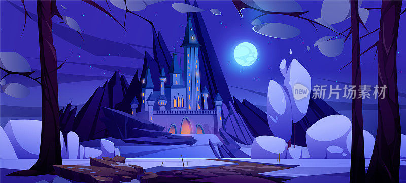 夜晚的魔法城堡之路，童话宫殿