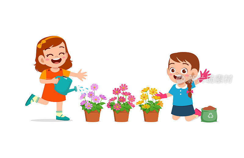 可爱的小女孩站在浇花