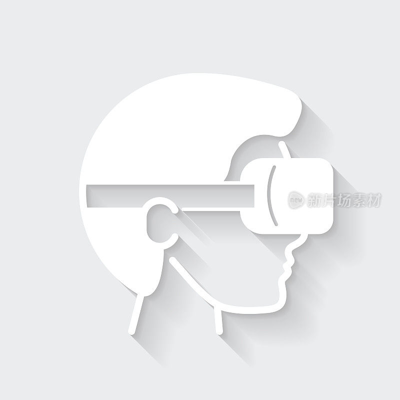 戴着VR头盔的男人-虚拟现实。图标与空白背景上的长阴影-平面设计