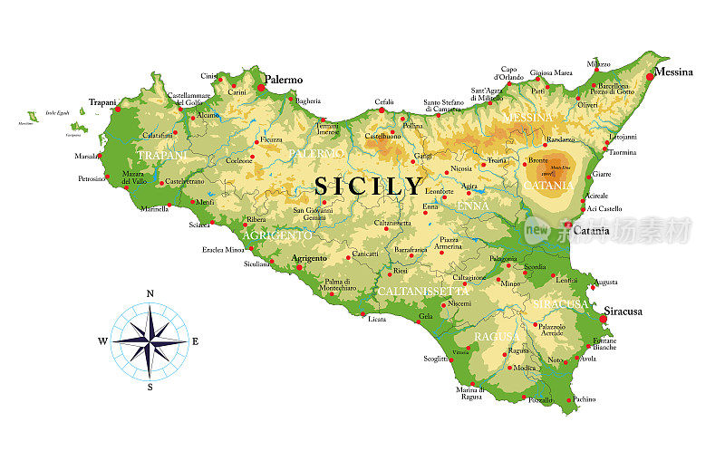 西西里岛高度详细的物理地图