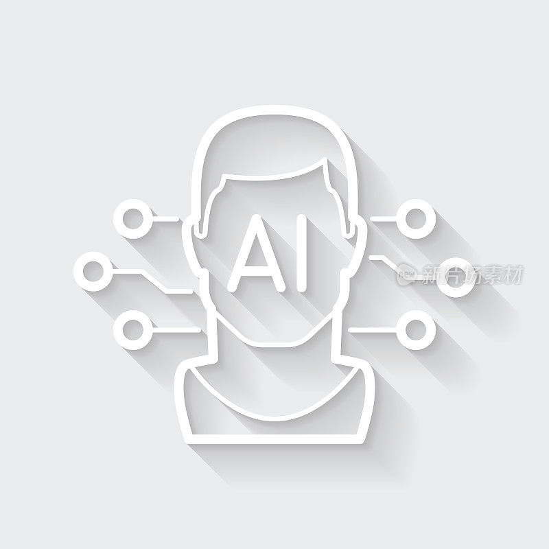 人工智能具有男性面部的AI。图标与空白背景上的长阴影-平面设计