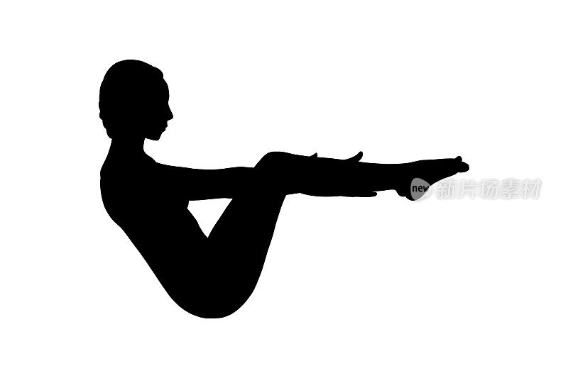 瑜伽锻炼腹肌和平衡。女人轮廓练习Navasana为强壮的腹肌。矢量插图