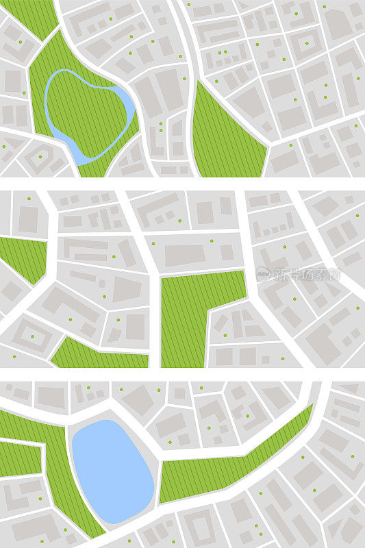 城市地图。有公园和河流的城镇街道。市区gps导航规划，抽象交通城市。矢量地图小镇小道路图案纹理