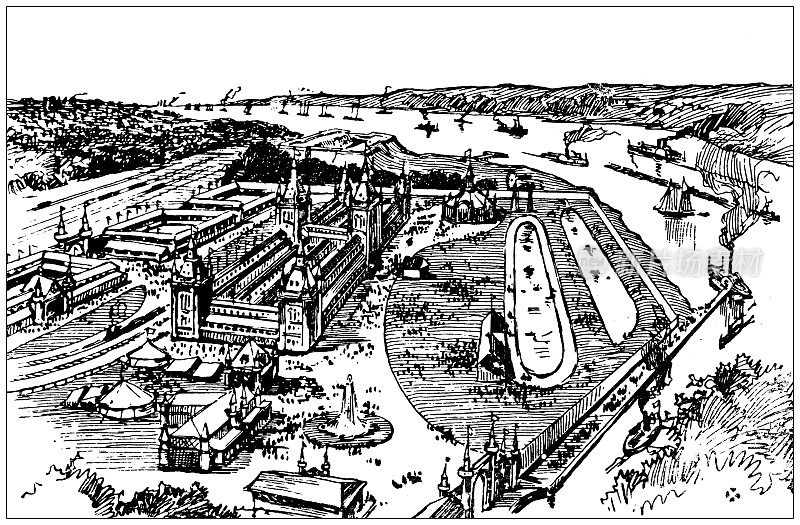 美国，密歇根州地标和公司的古董插图:底特律，国际博览会和博览会大楼