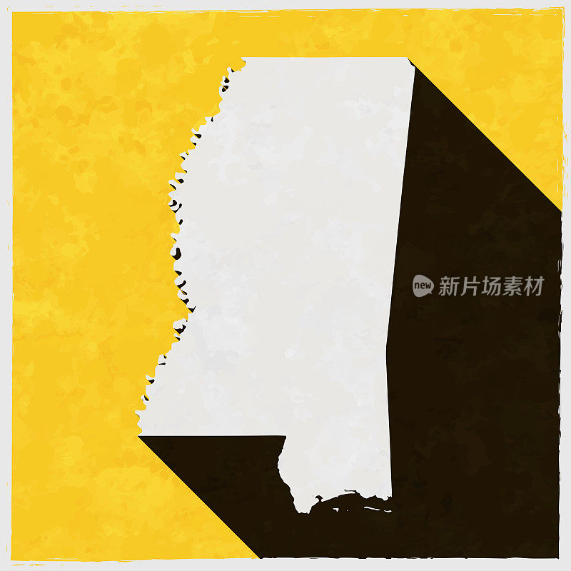 密西西比地图与纹理黄色背景上的长阴影