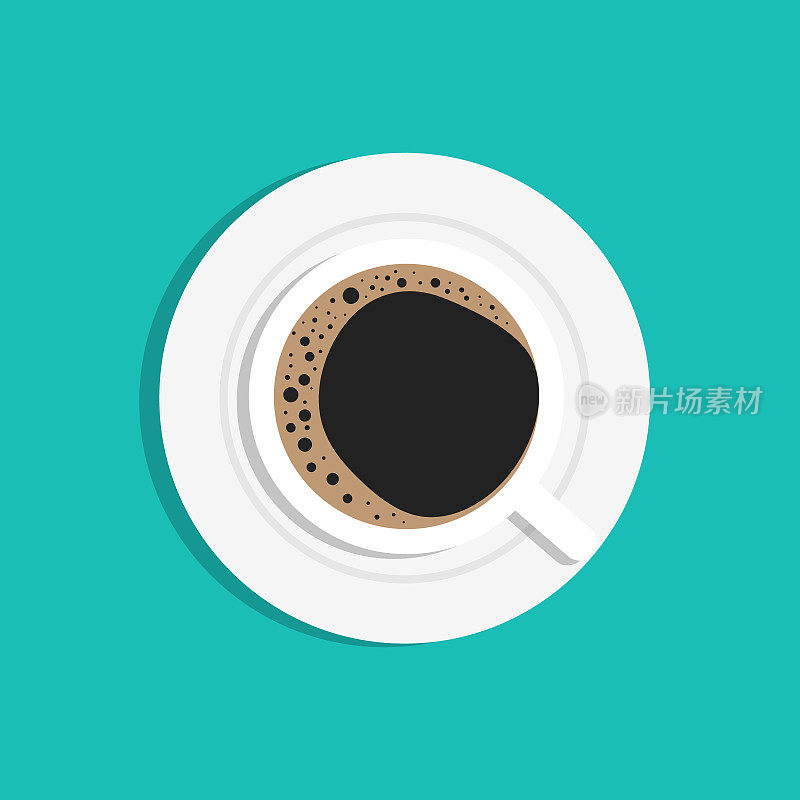 杯咖啡俯视图。杯咖啡。平面插图孤立在绿色背景。上面有咖啡杯。浓缩咖啡，卡布奇诺和美式咖啡的象征。咖啡馆，餐厅的海报。向量