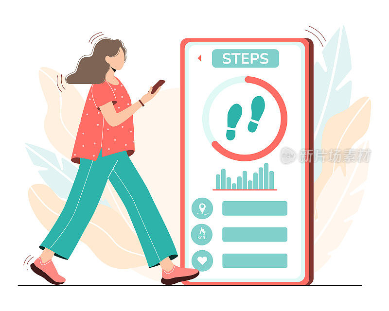 一位年轻的妇女在空气新鲜的地方散步。一个女人戴着健身追踪器，计步器。智能手机app，运动生活方式和科技概念。