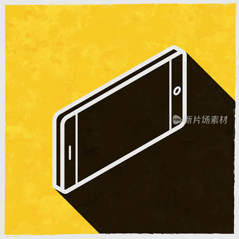 等距智能手机-水平位置。图标与长阴影的纹理黄色背景