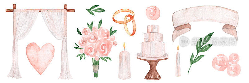 水彩婚礼绘画集。拱门，蛋糕，结婚戒指，蜡烛，新娘花束，粉色心形，丝带，小树枝。孤立在白色背景。