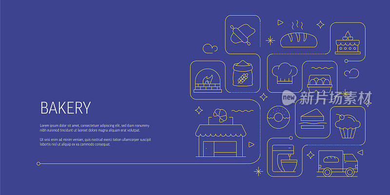 烘焙相关矢量横幅设计概念，现代线条风格与图标