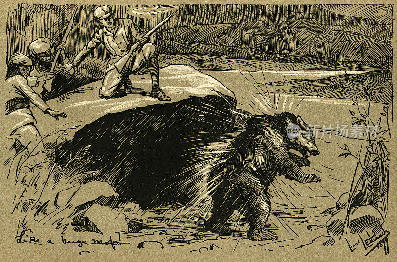 猎人射杀熊，克什米尔，维多利亚时代的狩猎运动，19世纪90年代