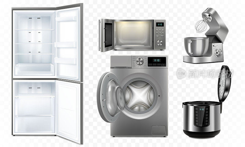 一套家用电器:微波炉、洗衣机、冰箱、多煲、料理机、搅拌机。逼真的3D矢量，孤立的插图