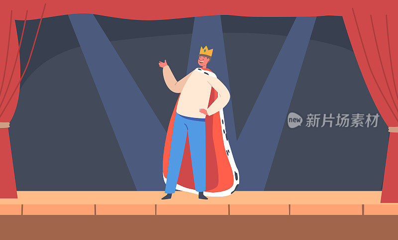 小男孩艺术家在剧院舞台上用红窗帘扮演国王或王子的角色。穿着戏剧服装的孩子