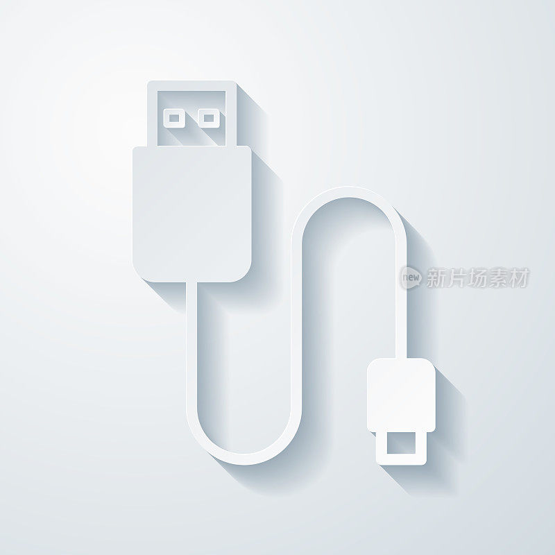 USB电缆。空白背景上剪纸效果的图标