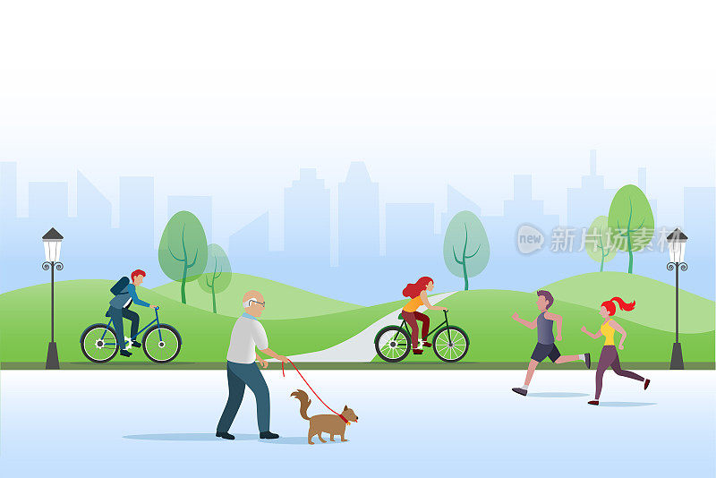 活跃的人在公园锻炼，慢跑，骑自行车和遛狗。健康生活方式，户外休闲。