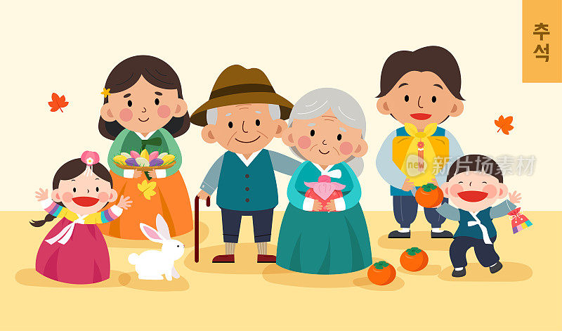 中秋矢量插图(韩文)。韩国家庭享受感恩节。