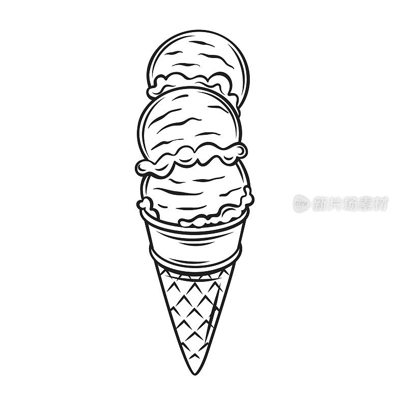 冰淇淋在华夫筒轮廓图标，冷冻夏季食品和甜软甜点