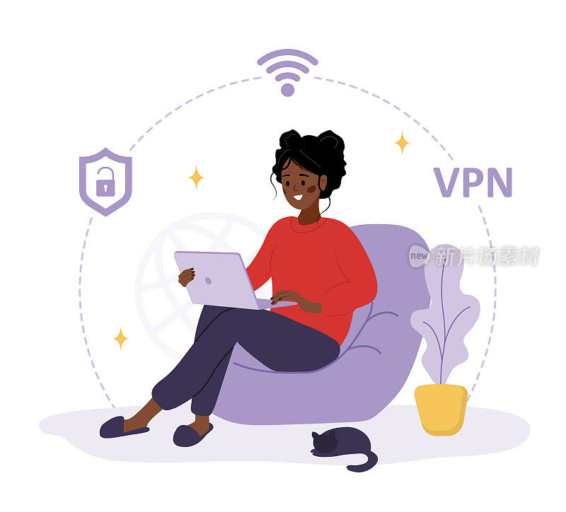 VPN服务。非洲妇女使用私人网络保护个人数据。DNS和IP地址的保护。数据库安全软件。平面卡通风格的矢量插图