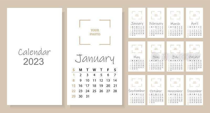 2023年挂历模板设计。每月创意日历布局。