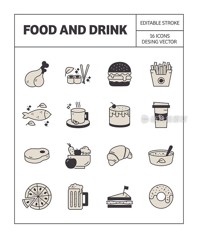 食品和饮料图标集简单的外观和丰富多彩的设计。