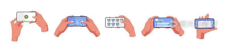 一组手握住手机，手指触摸，点击，滚动，在智能手机屏幕上玩游戏矢量