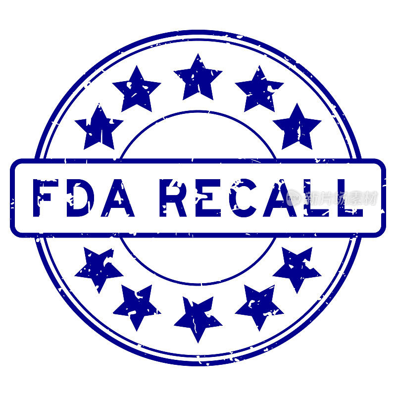 垃圾蓝色FDA召回字与星图标圆形橡胶印章印章白色背景