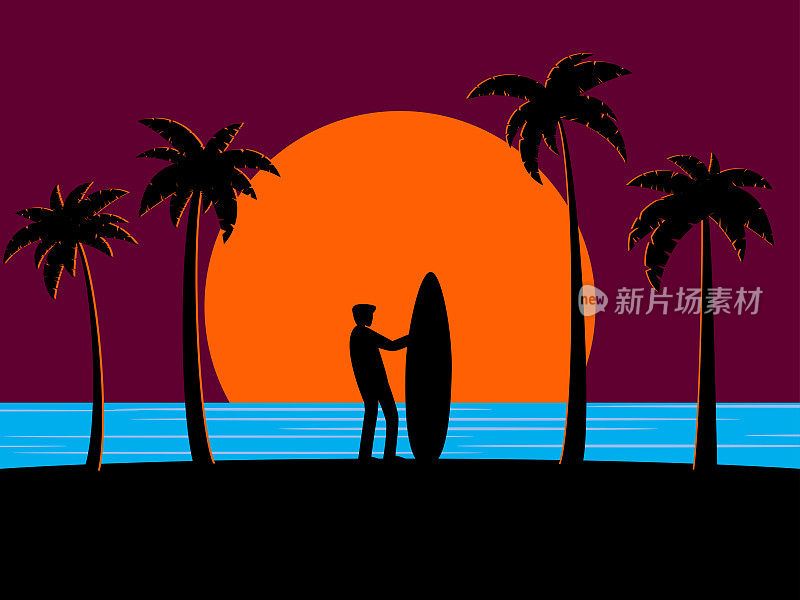 与冲浪者在海边的风景。一个冲浪者的剪影与日落背景上的冲浪板。热带设计的海报，横幅和宣传项目。矢量图