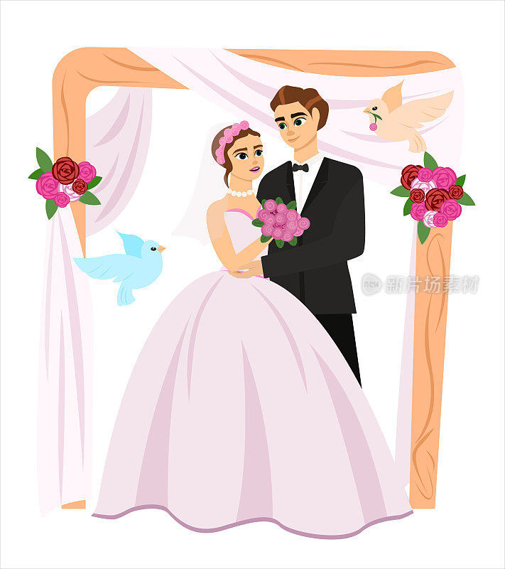 新娘和新郎。婚礼插画，婚礼拱门，花鸟