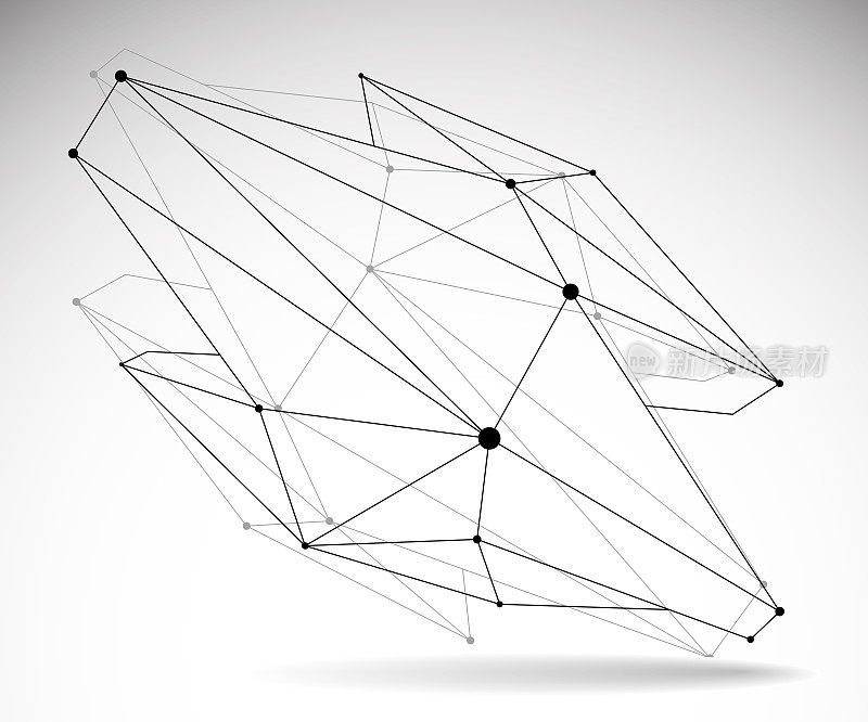 摘要三维网格形状矢量插图，点连线技术多边形物体隔离在白色背景，动态科技格。