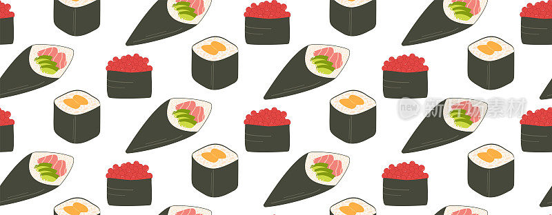 紫菜寿司。无缝矢量模式。亚洲美食。日本食品