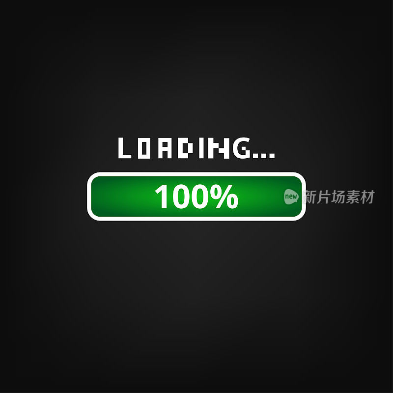 矢量插图的绿色加载条隔离在黑色背景，100%加载。