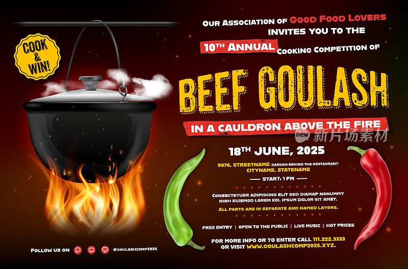海报模板与大锅上面的火烹饪牛肉炖牛肉