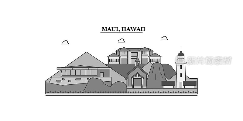 美国毛伊岛城市天际线孤立矢量插图，图标