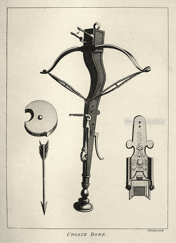 复古插图，弩与螺栓和机制，军事历史，武器17世纪