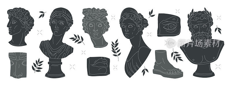 古希腊雕塑套装。大理石雕塑和雕像。经典的古希腊神和女神的头和身体部位。平面矢量插图集