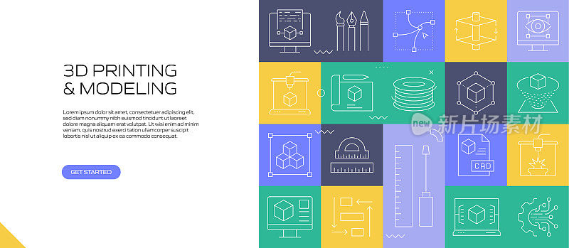 3D打印和建模网络横幅与线性图标，新潮的线性风格矢量