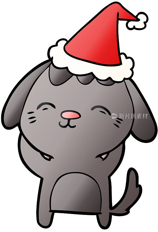 快乐的手绘渐变卡通狗戴着圣诞老人的帽子
