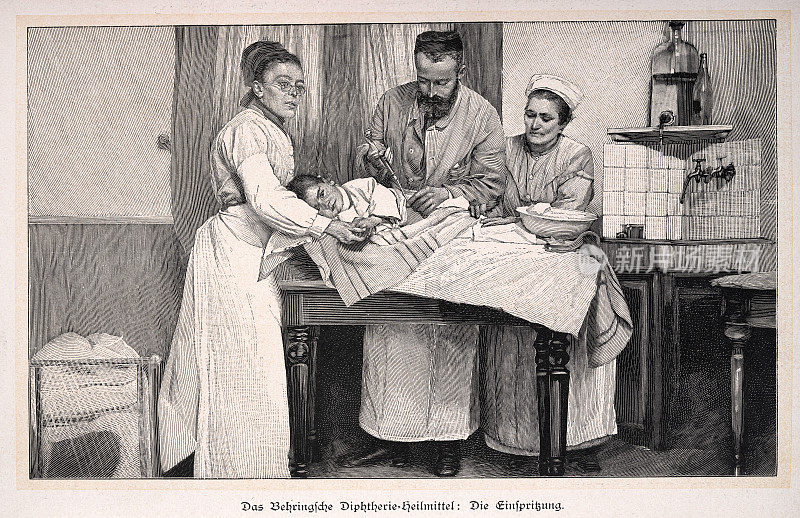 埃米尔・冯・贝林的白喉治疗，医生和护士给孩子注射，维多利亚时代的医学史，19世纪90年代