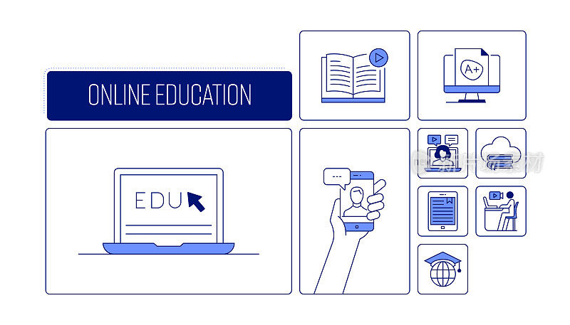 在线教育相关设计与线图标。简单轮廓符号图标。